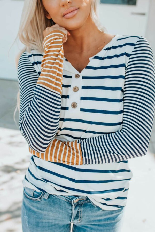 Long Sleeve Stripe Button Henley Top