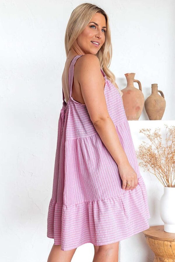 Pink Stripe Pinstriped Ruffled Hem Sleeveless Mini Flared Dress