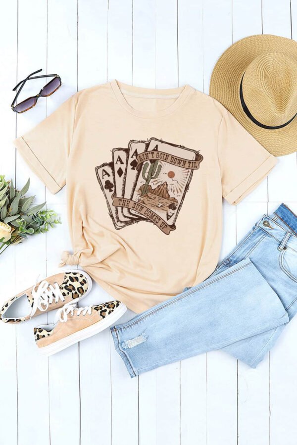 Khaki Western Poker Cards Graphic Print Short Sleeve T Shirt