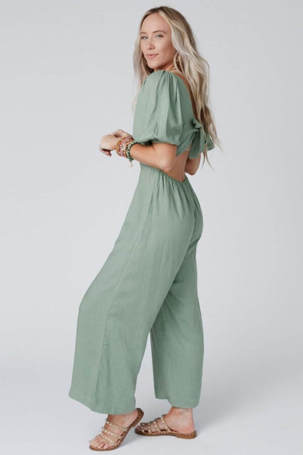 Green V Neck Puff Sleeve Hollow out Wide Leg Jumpsuit