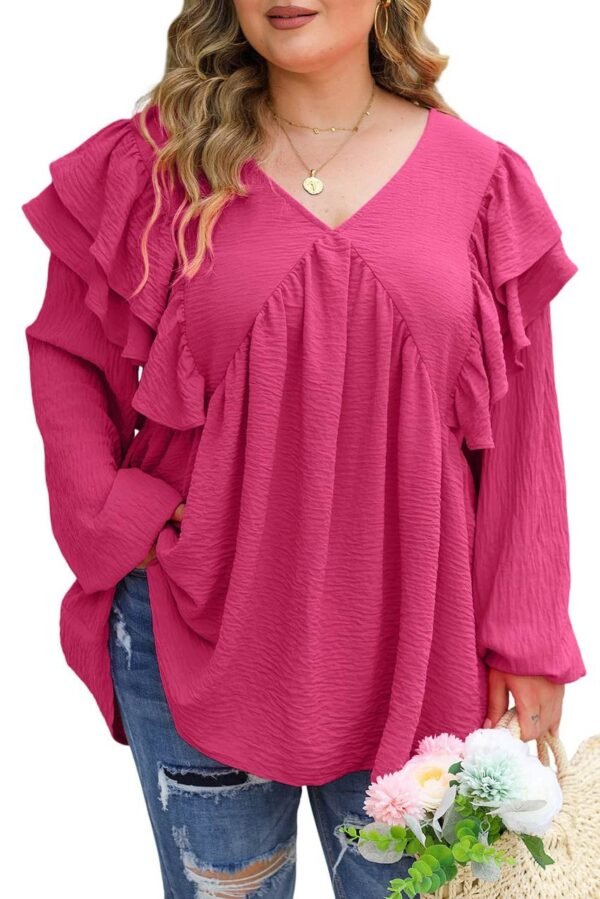 Pink Crinkle Ruffled V Neck Plus Size Blouse