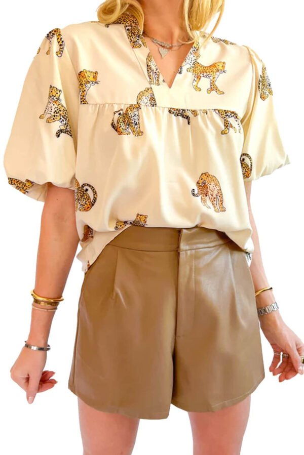 Apricot Cheetah Printed Split Neck Puff Sleeve Blouse