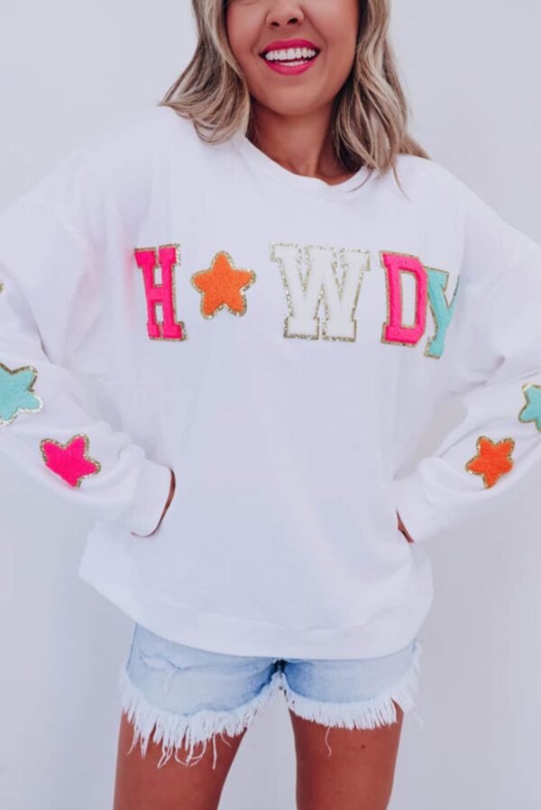 White Glitter Howdy Patch Graphic Casual Sweatshirt