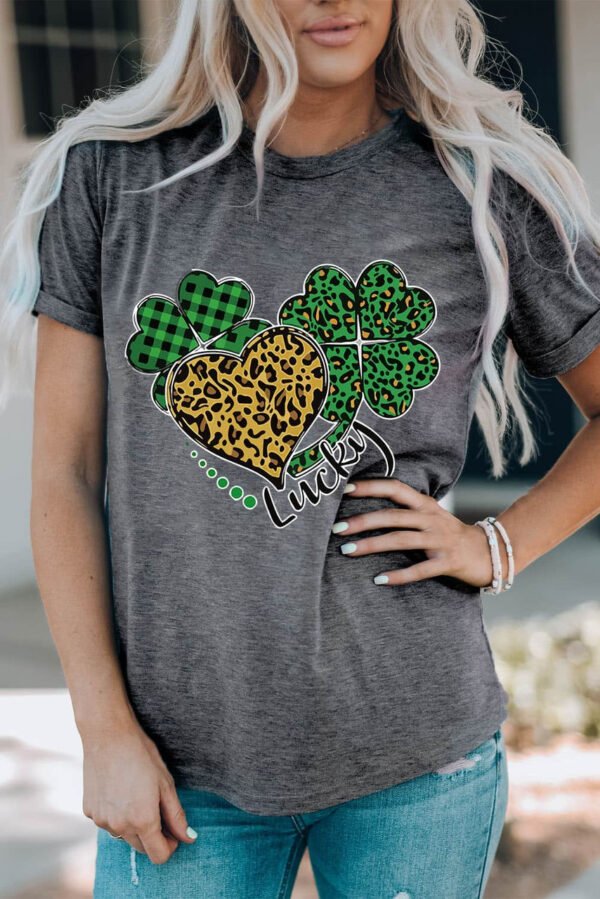 Gray Leopard Plaid Heart Clover Graphic Print Short Sleeve T Shirt