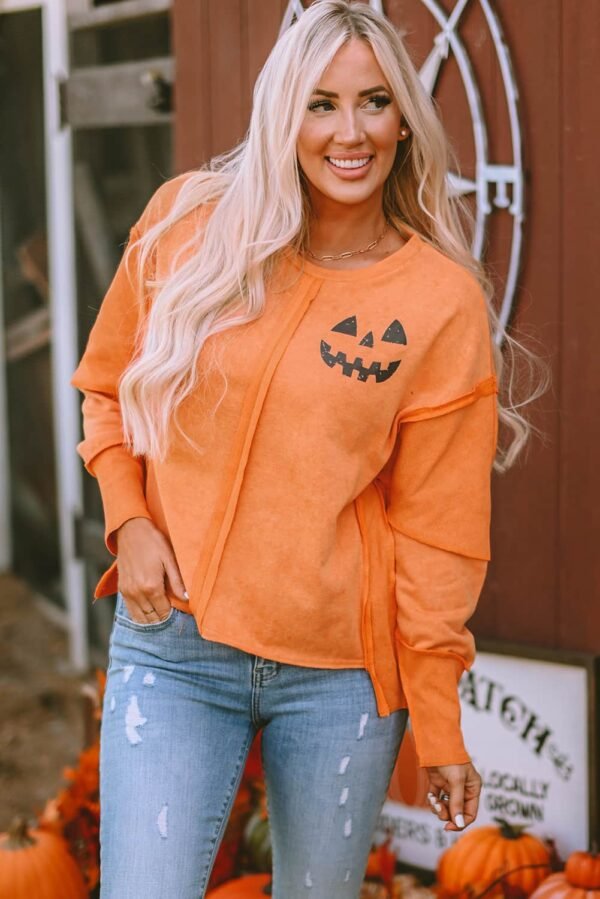 Orange Halloween Pumpkin Face Exposed Seam Patchwork Sweatshirt