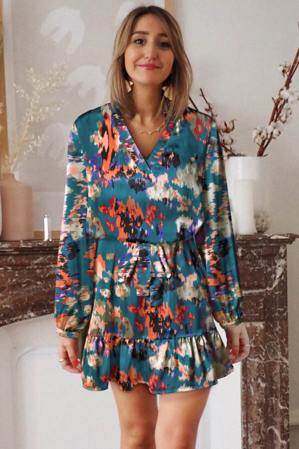 Blue Abstract Print Ruffled Drawstring High Waist Mini Dress