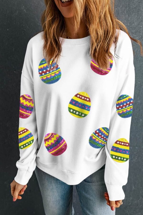 Beige Eater Egg Sequin Patched Crew Neck Sweatshirt