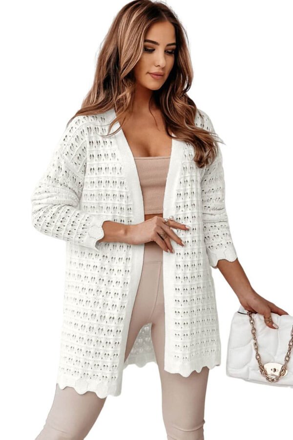 White Wavy Trim Open Knit Long Sleeve Cardigan