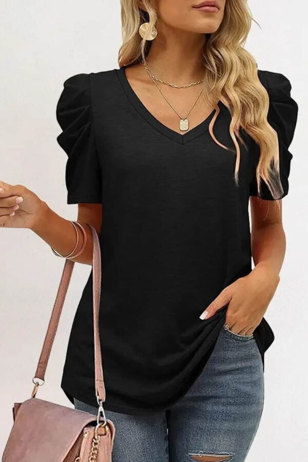 Black Puff Sleeve V-Neck T-Shirt