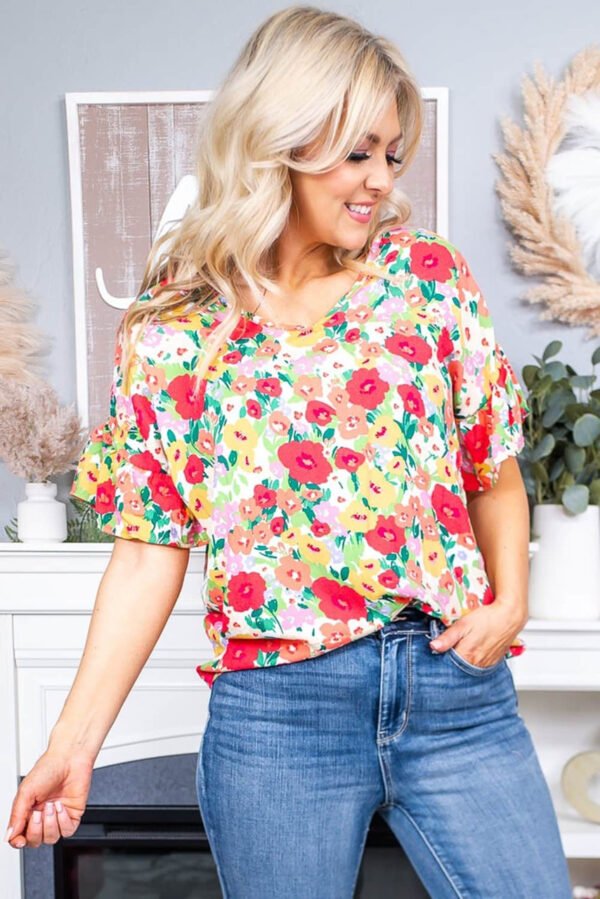 Red Floral Print Ruffled Short Sleeve V Neck Blouse