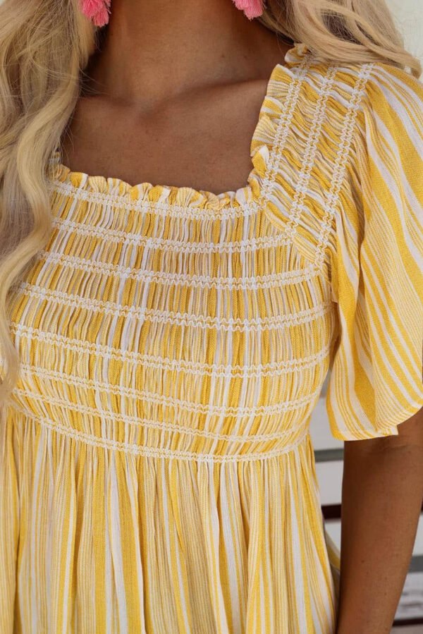 Yellow Striped Print Smocked Flowy Blouse