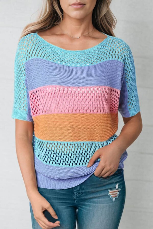 Sky Blue Knitted Eyelet Colorblock Striped Half Sleeves Top