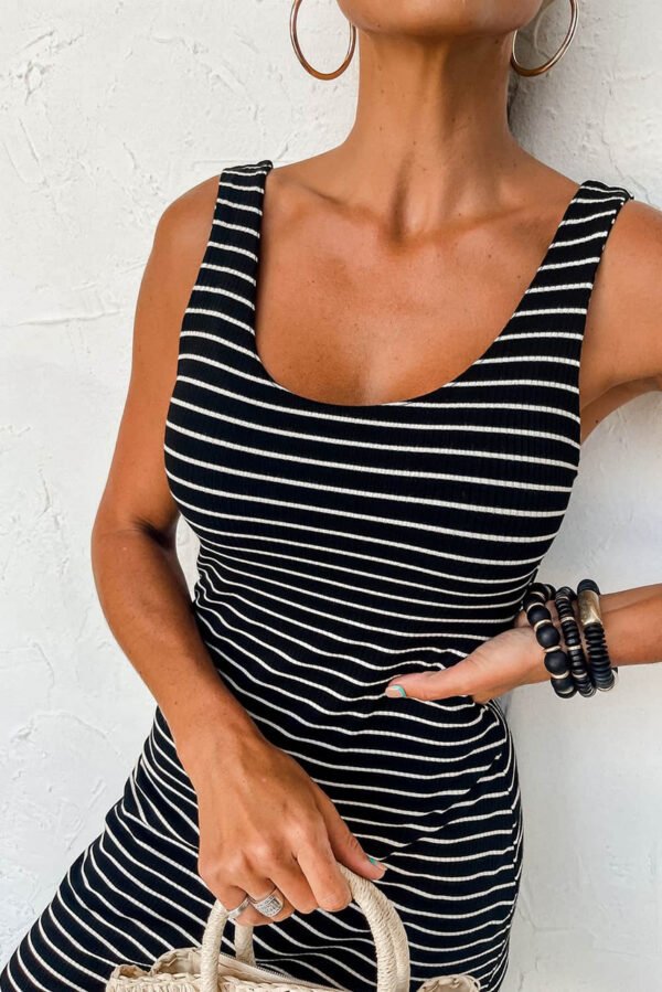 Black Stripe Ribbed Knit Sleeveless Mini Dress