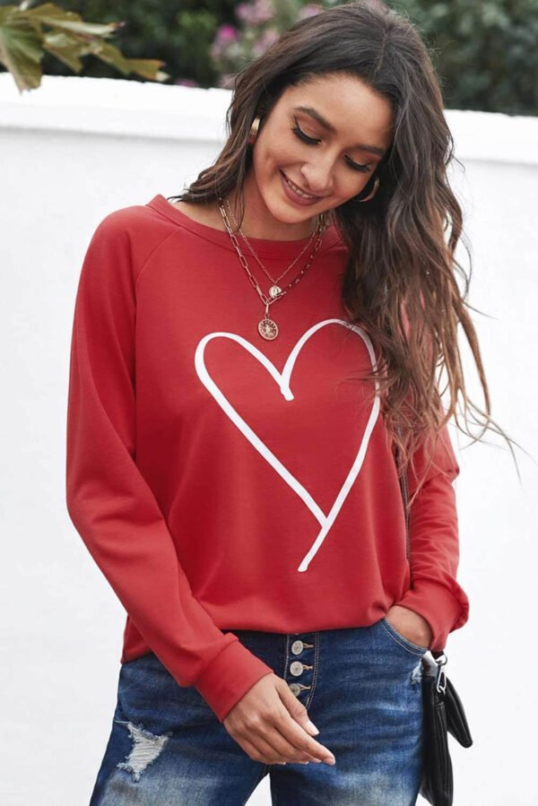 Red Heart Shape Print Long Sleeve Pullover Sweatshirt