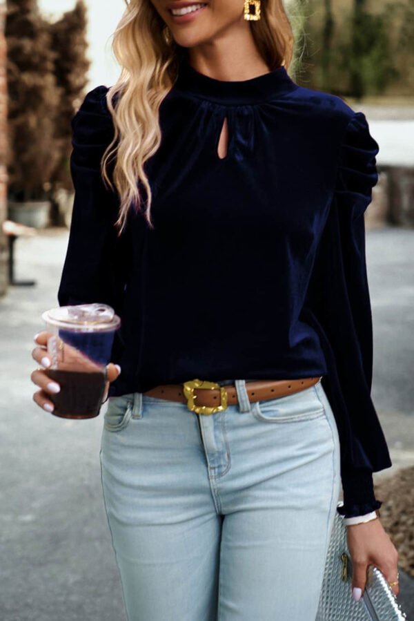 Navy Blue Mock Neck Puff Sleeve Velvet Blouse