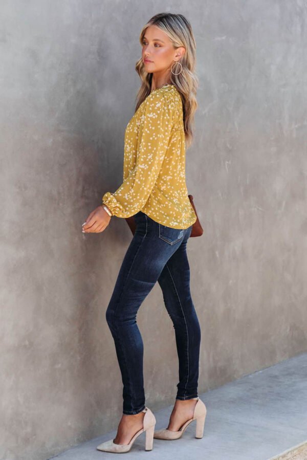 Yellow Split Neck Fall Printed Crinkled Blouse