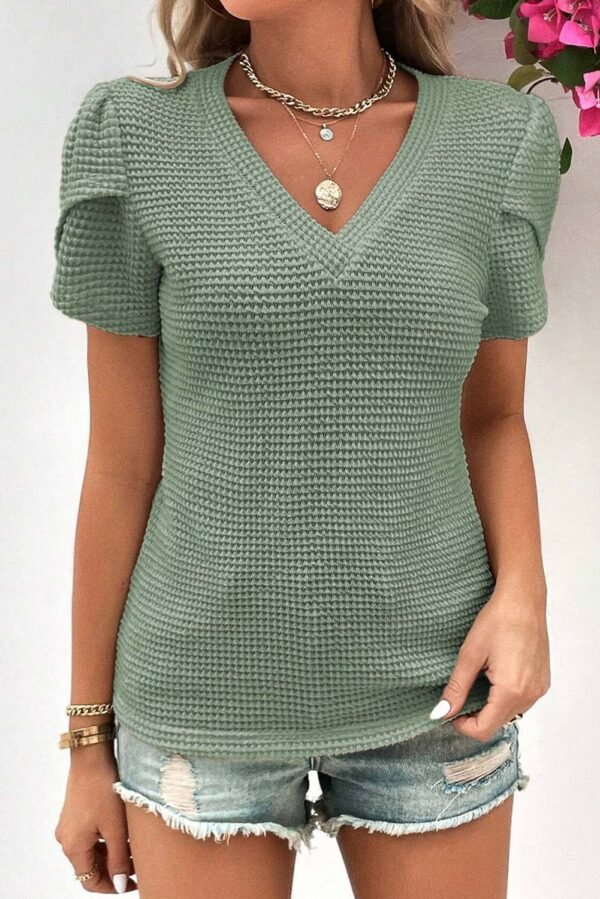 Mist Green V Neck Petal Sleeve Waffle Knit T-Shirt