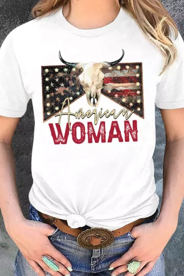 White American Woman Bull Skull Graphic T Shirt