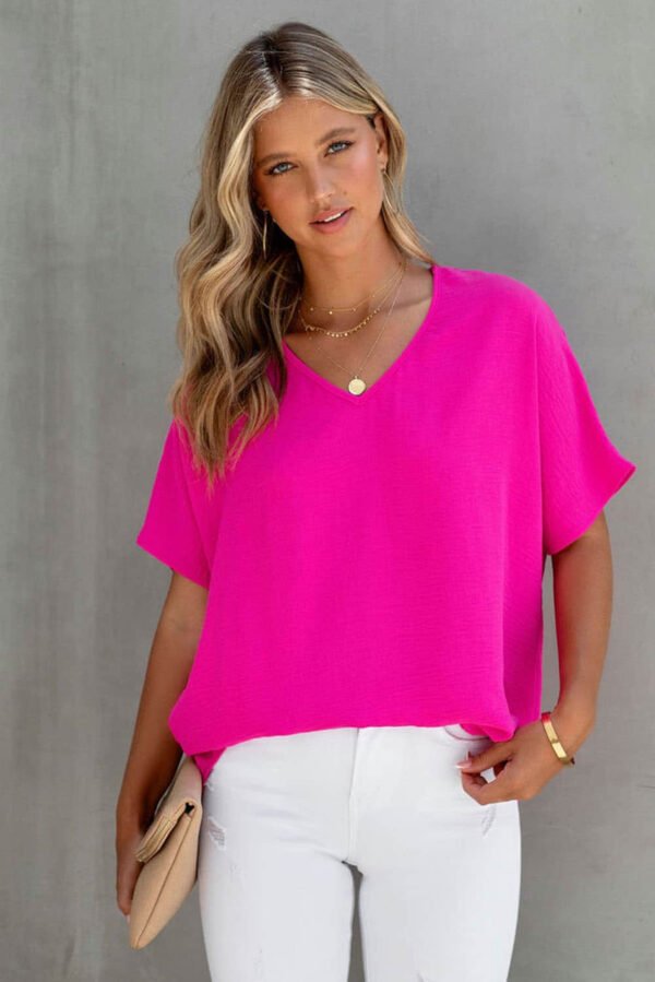 Rose Solid V Neck Short Sleeve Blouse