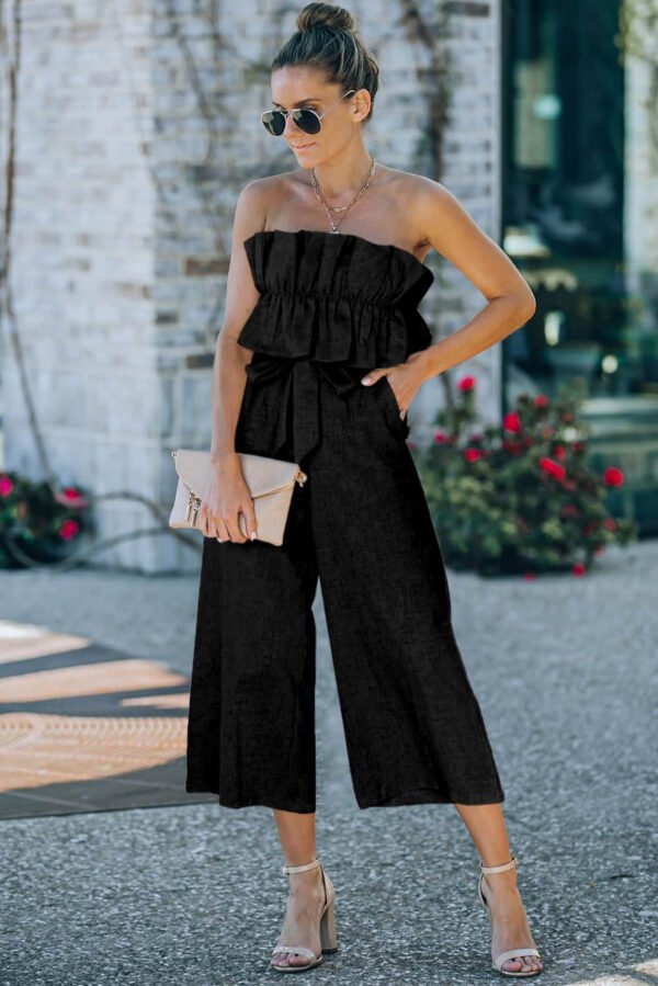 Black Ruffled Strapless Wide Leg Jumpsuit