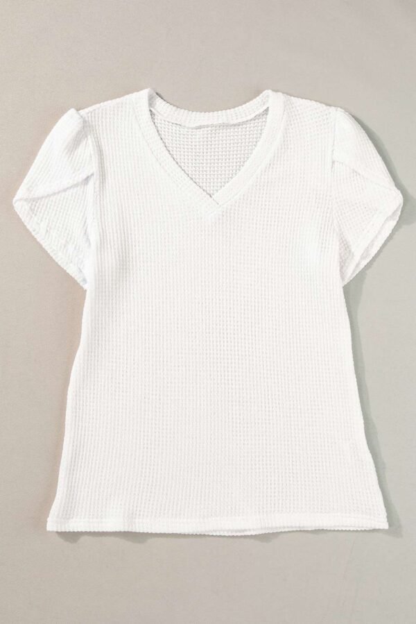 White V Neck Petal Sleeve Waffle Knit T-Shirt