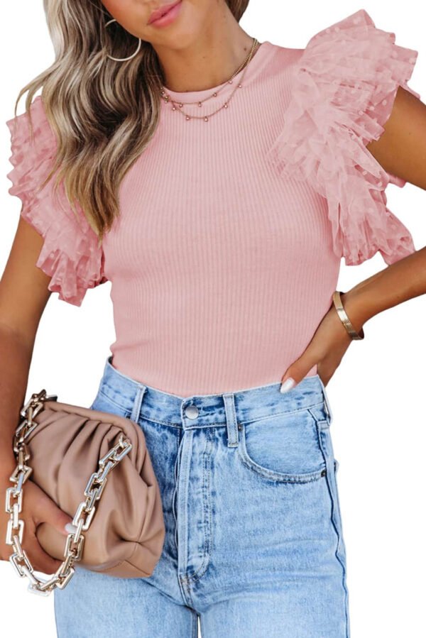 Pink Dotty Mesh Ruffle Sleeve Ribbed Knit Top