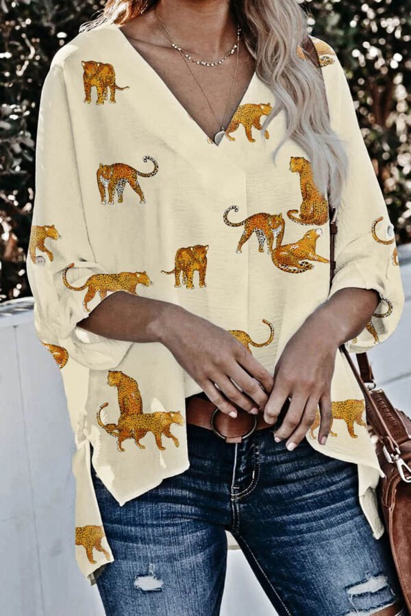 Apricot Printed Leopard Print Tab Sleeve Loose Fit V Neck Blouse