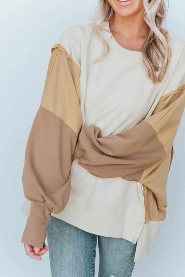 Khaki Color Block Sleeve Patchwork Oversized Sweatshirt