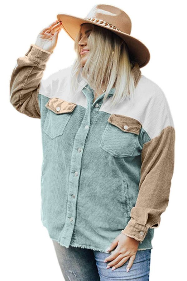 Color Block Buttoned Pocket Corduroy Plus Size Jacket