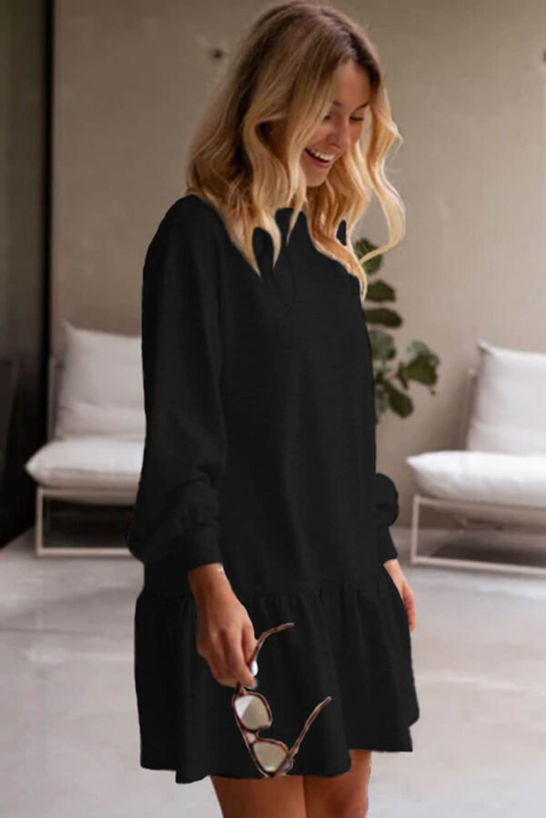 Black Solid Color Puff Sleeve Ruffle Hem Mini Dress