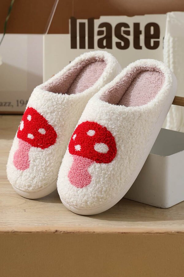 White Cute Cartoon Mushroom Graphic Fuzzy Winter Slippers