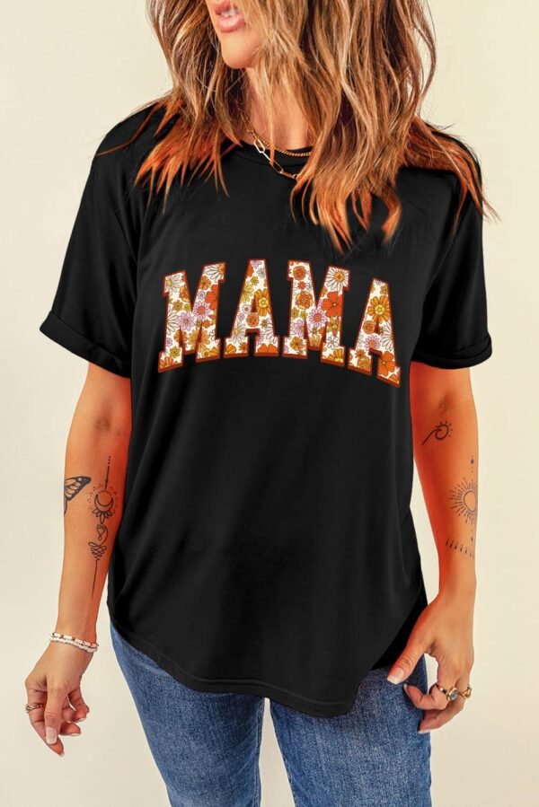 Black Flower Printed MAMA Letter Graphic T-shirt