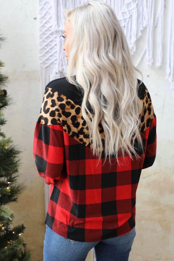 Red Chevron Plaid Leopard Patchwork Turtleneck Sweatshirt