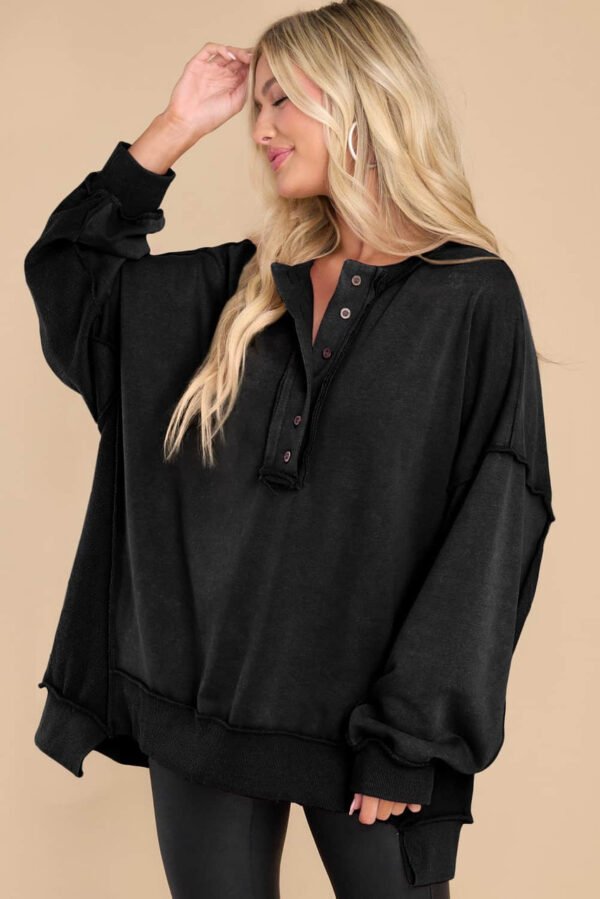 Black Oversized Exposed Seam Henley Sweatshirt