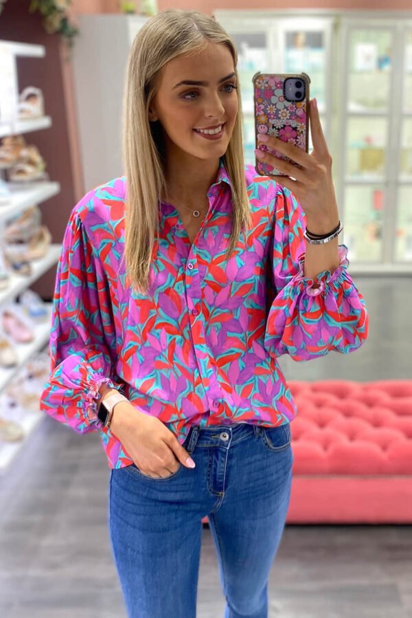 Multicolor Abstract Floral Button Up Long Puff Sleeve Shirt