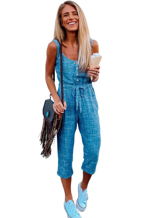 Sky Blue Button Drawstring High Waist Sleeveless Cropped Jumpsuit