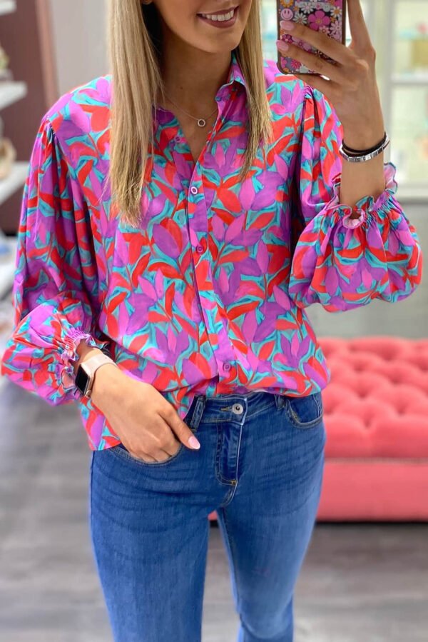 Multicolor Abstract Floral Button Up Long Puff Sleeve Shirt