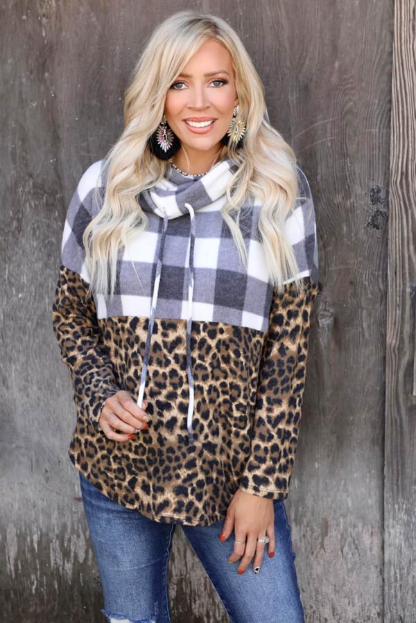 Leopard Leopard Plaid Patchwork Cowl Neck Sweatshirt