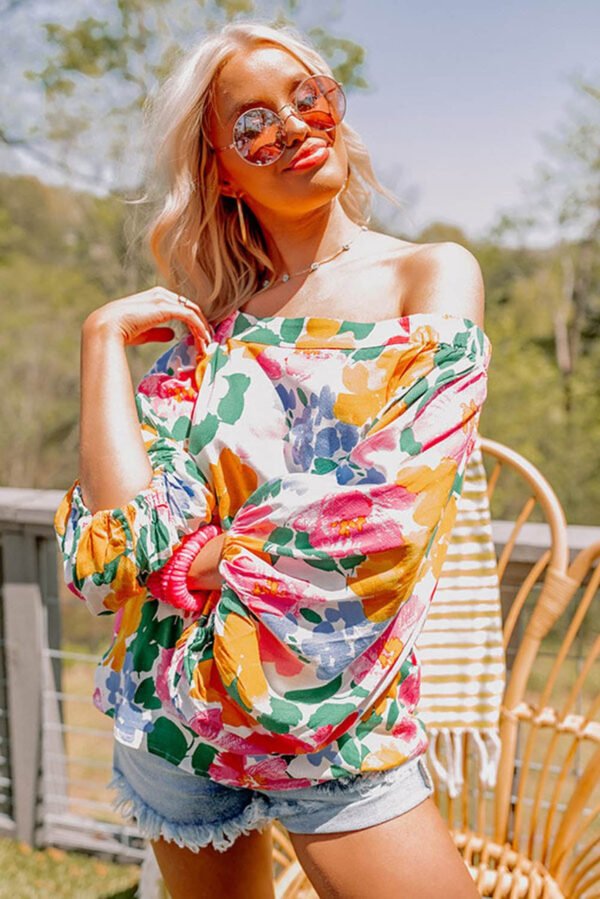 White Water Painting Flowers Sexy Off Shoulder Top