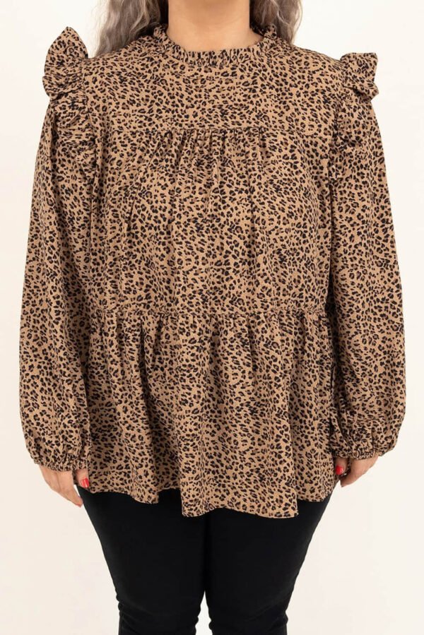 Leopard Frilled Shoulder Decor Plus Size Babydoll Top