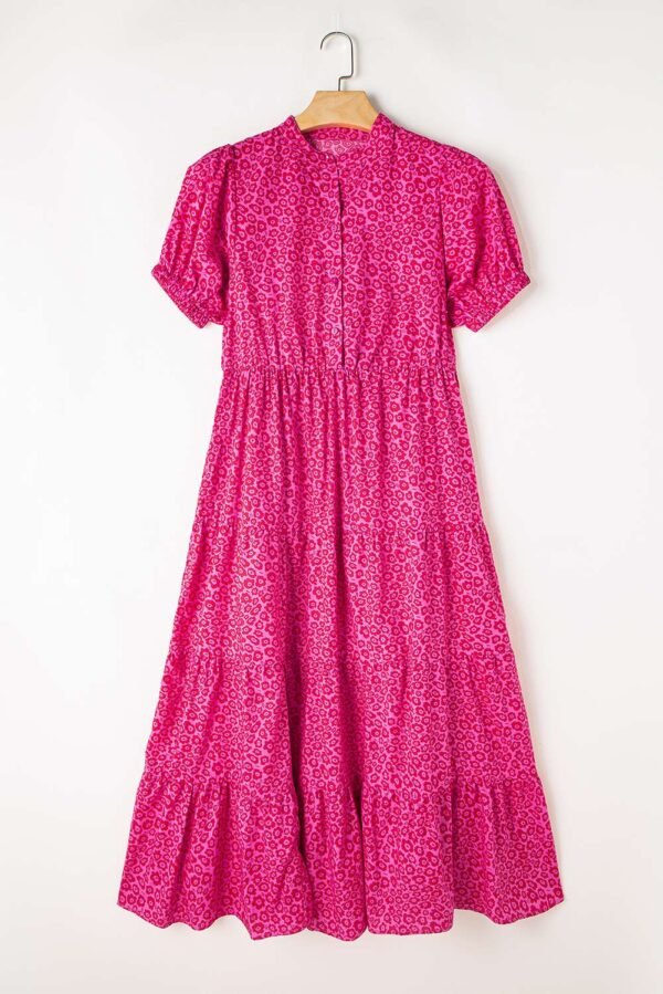 Rose Red Flower Mock Neck Puff Sleeve Tiered Maxi Dress