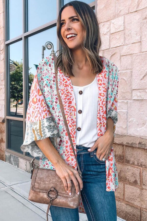 Multicolor Leopard Print Open Front Bell Sleeve kimono