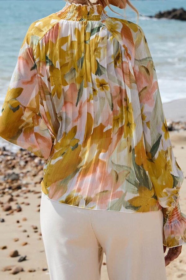 Yellow Floral Print Flounce Sleeve Mock Neck Blouse