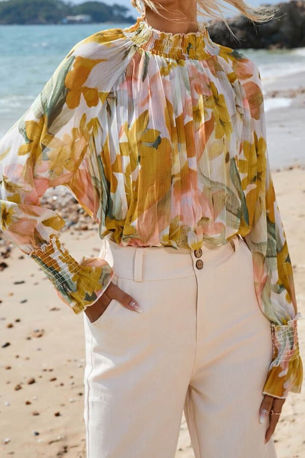 Yellow Floral Print Flounce Sleeve Mock Neck Blouse