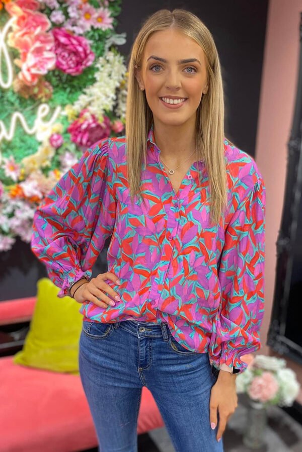 Multicolor Abstract Floral Button Up Long Puff Sleeve Shirt