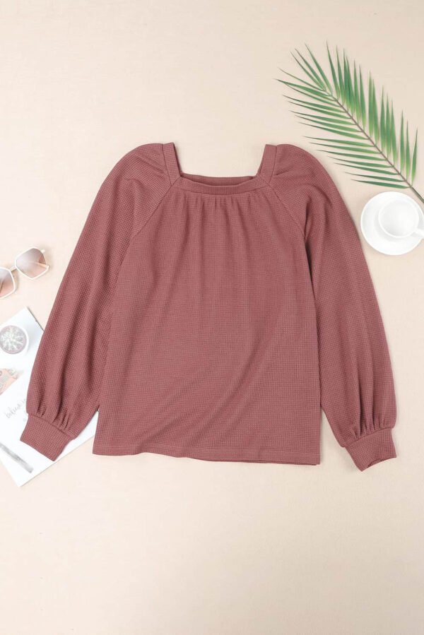 Square Neck Puff Sleeve Waffle Knit Top