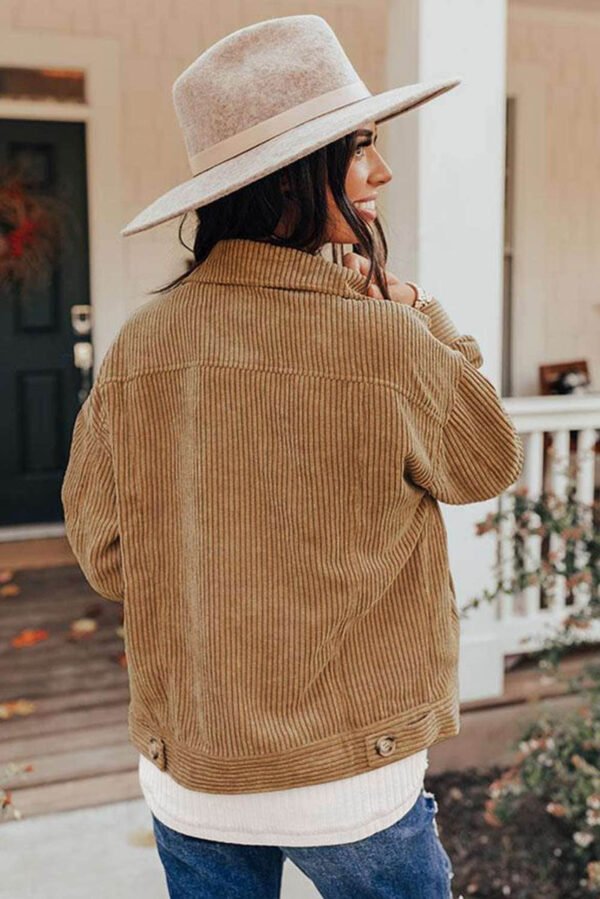 Khaki Ribbed Corduroy Long Sleeve Jacket with Pocket