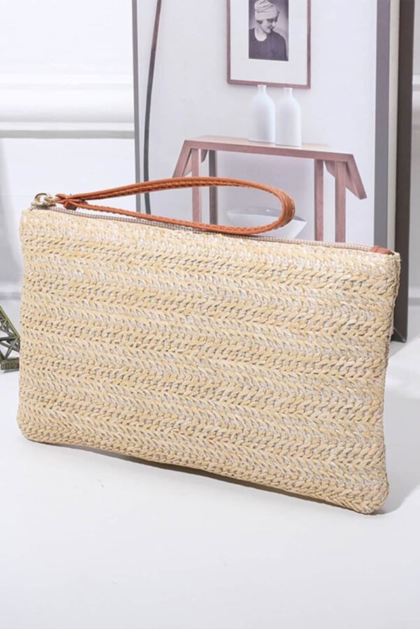 Oatmeal Straw Woven Wrist Strap Zipper Large Wallet