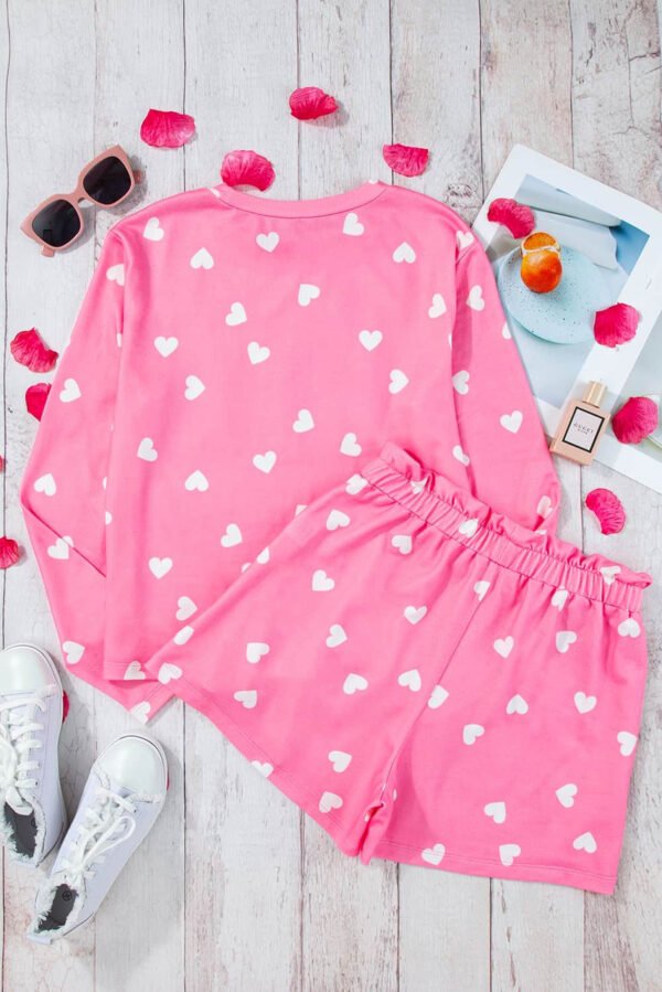 Pink Valentine Heart Print Long Sleeve Tee and Shorts Lounge Set
