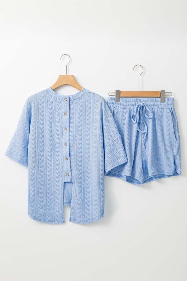 Beau Blue Textured Buttoned Slit Back Tee Shorts Set